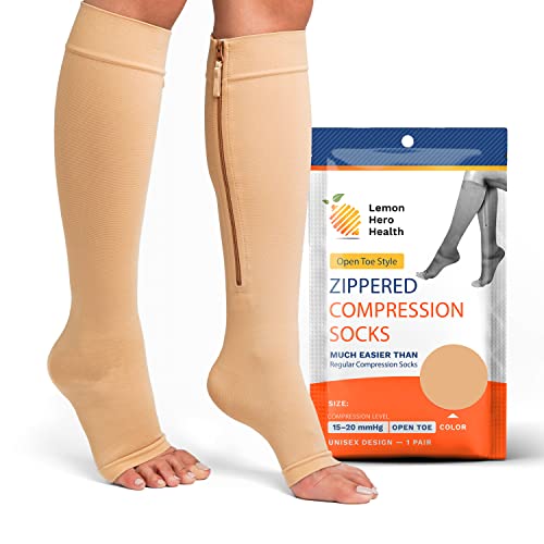 Lemon Hero Zipper Compression Socks - 15-20 mmHg Open Toe Medical Compression Stockings for Women and Men - Improves Blood Circulation, Relieves Pain & Swelling, Medium - Beige [1 Pair]