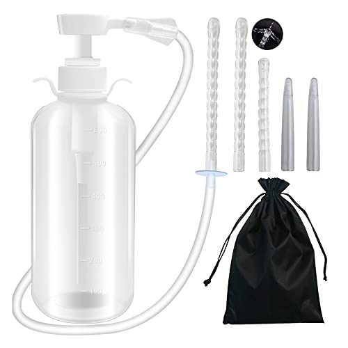 600ml Feminine Wash Enema Pump Bottle Kit 5Pcs Enema Nozzle Tips for Coffee Colon Cleansing Men Women, Large Anal Vaginal Douche Flush Spray Irrigator Cleanser Enema Kit Bucket Portable Handy Pressure