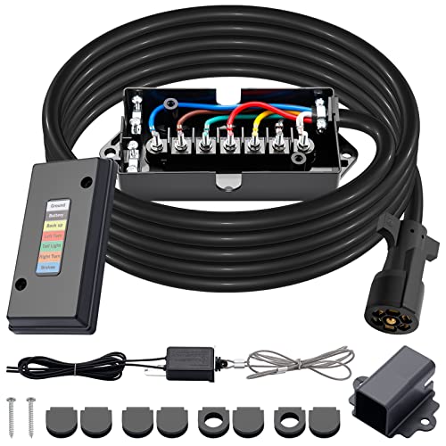 CheeMuii 15 FT 7 Way Trailer Cord and 7 Gang Junction Box Kit with 12V Breakaway Switch and Plug Holder Heavy Duty Cable Wiring Harness Kit for Trailers RVs Campers
