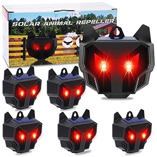 Phosooy Solar Animal Repellent, Predator Eyes Animal Deterrent Sentinels with Red LED Blinking Lights Drive Away Raccoon, Deer, Skunk, Cat, Coyote from Yard Farm and Chicken Coops (6 Pack)