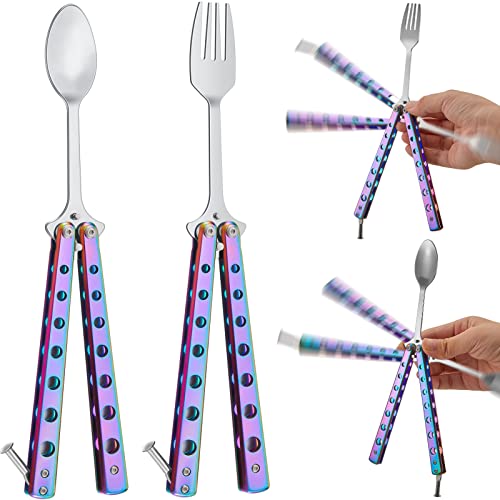 Flutesan 2 Pcs Butterfly Fork and Spoon Set, Tactical Butterfly Spoon Folding Stainless Steel Butterfly Fork for Travel Camping Hunting BBQ Kitchen (Colorful)