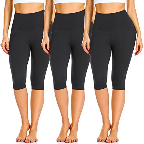 FULLSOFT Women's Knee Length Leggings-High Waisted Capri Pants Biker Shorts for Women Yoga Workout Exercise Short Casual Summer(3 Pack Capri Biack,Black,Black,Small-Medium)