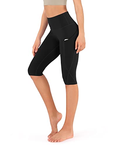 ODODOS Women's Knee Length High Waisted Yoga Capri Leggings with Pockets, Workout Running Sports Athletic Yoga Capris, Black, Large
