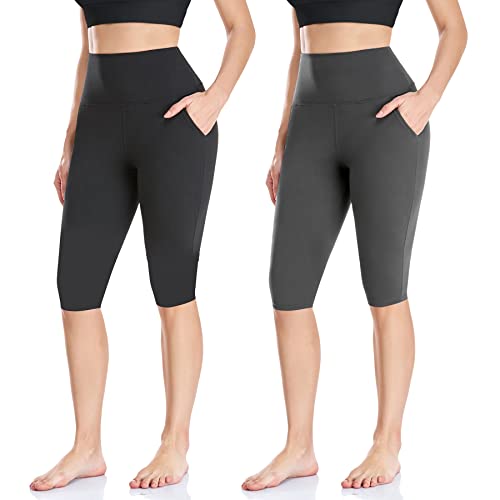 FULLSOFT 2 Pack Women's Knee-Length Leggings with Pockets-High Waist Capri Biker Shorts -Workout Casual Summer Yoga Leggings(L,Black/Grey)