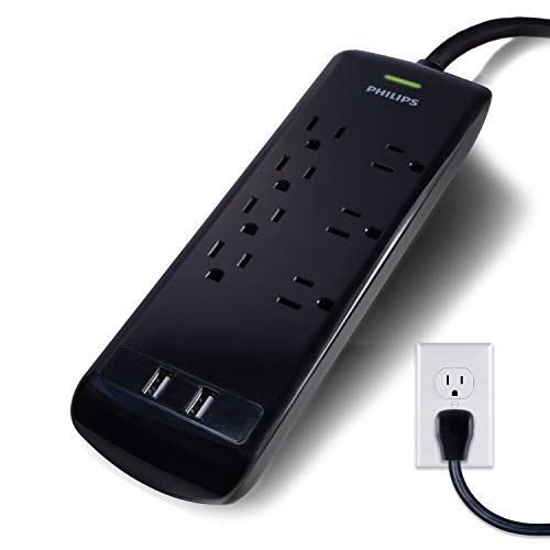 Philips 7-Outlet Surge Protector, 2 USB Ports, 4 Ft Extension Cord, Power Strip, 1440 Joules, 2.4 AMP/12 Watt, 3 Adapter Spaced Outlets, Flat Plug, Wall Mount, ETL Listed, Black, SPP6270BC/37