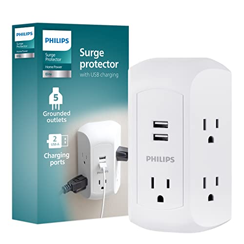 Philips Accessories 5-Outlet Extender, Grounded Wall Tap, 3-Prong, 2 USB-A, Surge Protector, Adapter Spaced Outlets, Side Access, 560 Joules, Quick and Easy Install, White, SPS5002WA/37