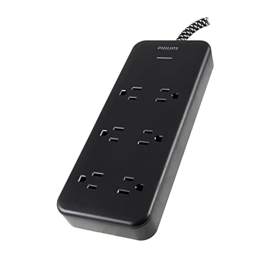 Philips 6-Outlet Surge Protector, 8 Ft, Braided Cord, Adapter-Spaced, Black, SPC6066BB/37