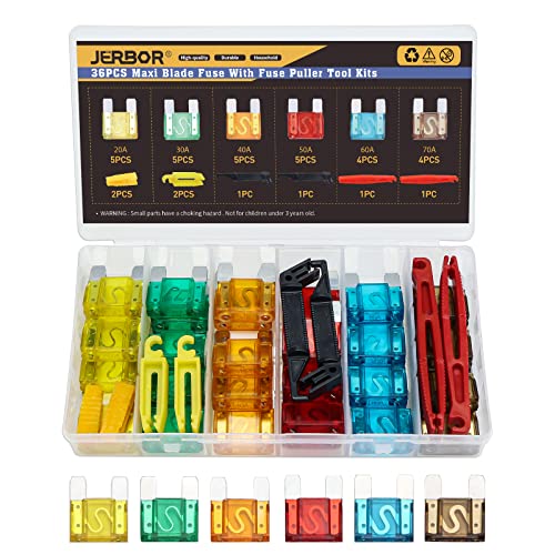 JERBOR 36Pcs Maxi Fuses Assortment, with Fuses Puller Car Fuses for Car Trucks RVs Boats Automotives Vehicle Campers SUV, 20A 30A 40A 50A 60A 70A