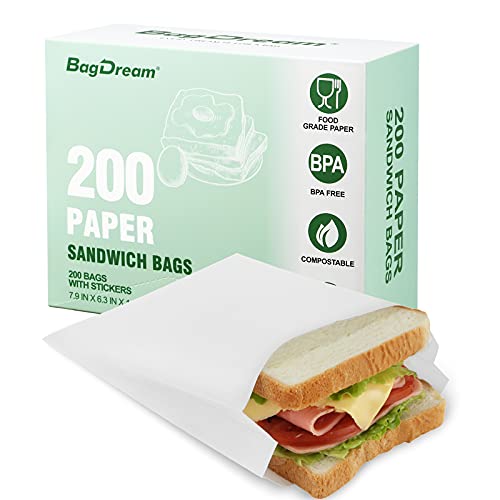 BagDream Paper Sandwich Bags 7.9x6.3x1.96 Inches 200ct Kitchens Paper Sandwich Sack Bags, Sealable with Thank You Stickers, White Glassine Paper Food Storage Bags Treat Bags