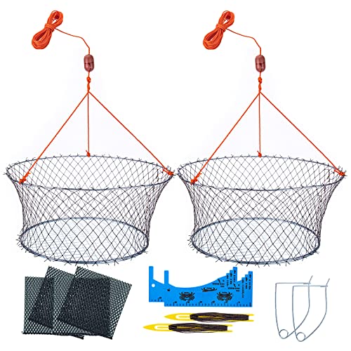 Anglerbasics Crab Trap,Foldable Hand Cast Fishing Nets for Crabbing Crayfish Blue Crabs Lobsters,Portable Crab Cage,Crab Net with Crab Measure Tool,Bait Bag,Bait Clip,Net Repair Shuttle