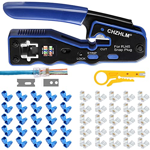 CHZHLM RJ45 Crimp Tool Kit Pass Through Crimper Stripper Cutter All-in-One for Cat5e Cat6 Cat6a Pass Through Connector With 50Pcs Connectors 50Pcs Covers Mini Stripper and Blades