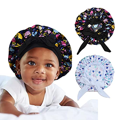 2pcs Pack Pattern Baby Bonnet Kids Bonnet Infant Satin Silk Hair Bonnets for Girls Boys Toddler Newborn Infants with tie Band Bow 6-12 Months