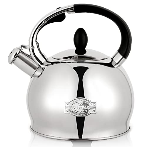 SUSTEAS Stove Top Whistling Tea Kettle-Surgical Stainless Steel Teakettle Teapot with Cool Touch Ergonomic Handle,1 Free Silicone Pinch Mitt Included,2.64 Quart(SILVER)