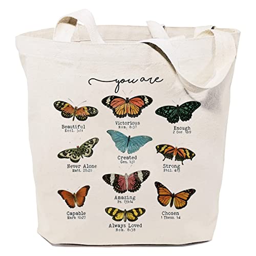 SAUIVD Butterfly Bible Verse Canvas Bag Funny Inspiration Tote Bags Gifts for Women
