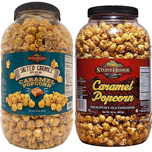 Stonehedge Farms Gourmet Flavored Popcorn Barrel Variety Pack - Caramel and Salted Caramel With Sea Salt - 32 Ounces Each - Two Pack - Made in USA - Gluten Free