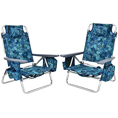 Giantex Beach Chair 2-Pack Sling Camping Chair, Sunbathing Chairs with 5 Adjustable Position, Head Pillow, Storage Bag, Towel Bar, Cup Holders, Folding Fishing Backpack Lawn Chairs(2, Navy)