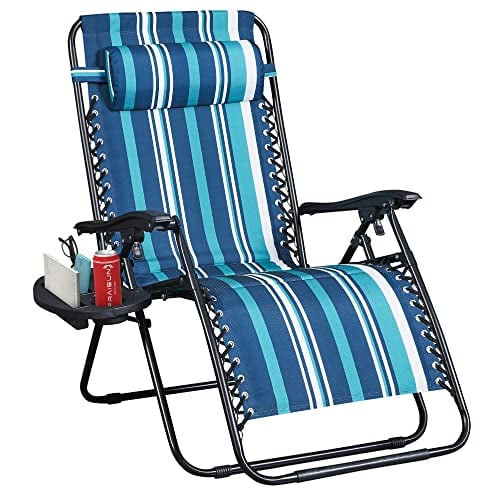 PRAISUN Padded Oversized Zero Gravity Chair, 29in Wide Folding Reclining Camping Chair with Cup Holder, Adjustable Pillow, Outside Anti Gravity Chair, Lounge Chair for Patio, Beach, Lawn - Deep Blue