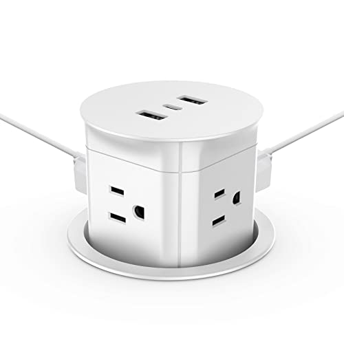 Automatic Pop Up Outlet for Kitchen Countertop, Splash Resistant, 3.15" Desk Grommet with 4 Outlets & 2 USB A & 1 USB C, Max 15W Surge Protection Power Outlet for Conference Table