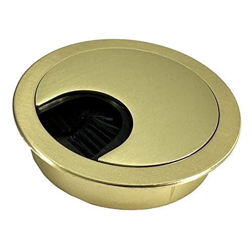 Satin Brass Metal Cable Grommet | 2 Piece"Lock in" Feature with"Brush" Opening for Management of Office & Computer Desk Wires | 60mm (2 3/8") Hole Opening | 1 Pack