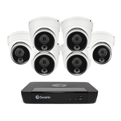 Swann Security Camera System with 2TB HDD, 8 Channel 6 Cam,POE Cat5e NVR 4K HD Home Security Camera,Indoor Outdoor Wired Surveillance Cameras, Night Vision, Heat Motion Detection, Dome Cams