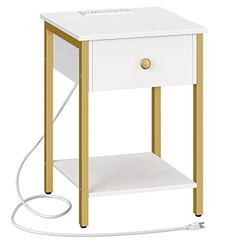 HOOBRO Nightstand with Charging Station, End Table with USB Ports, Side Table with Drawer and Storage Shelf, Bedside Table for Small Spaces and Bedroom, White and Gold DW40UBZ01
