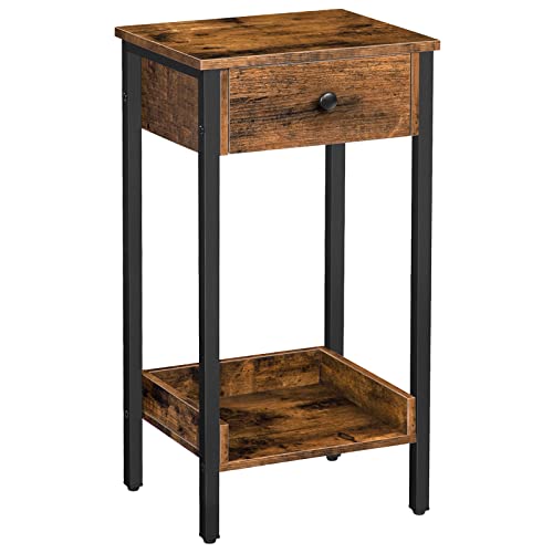 HOOBRO Tall Side Table, Nightstand, End Table with Drawer and Storage Shelf, Industrial End Telephone Table, for Study, Bedroom, Space Saving, Rustic Brown and Black BF71BZ01