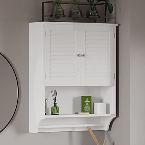 Lavish Home Wall-Mounted Bathroom Organizer  Medicine Cabinet or Over-The-Toilet Storage with Stylish Shutter Doors and Towel Bar, White