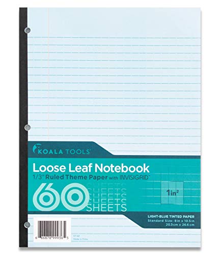 Koala Tools | Loose Leaf Notebook 1/3" (Wide) Ruled Theme Paper with Invisigrid - Light-Blue Tinted Paper - 60 Sheets - 10.5" x 8" - 3 Hole Punched, Tape Bound Notebook
