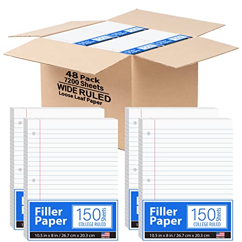 Notebook Paper, Loose Leaf Paper, College Ruled Paper, 10.5 x 8, Filler Paper, 56 gsm, 150 Sheets Per Pack, 7800 Sheets (48 Pack)