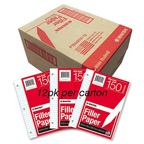 Kaisa loose Leaf Paper Filler Paper 150 Sheets 8"x10.5",Wide Ruled, 3-Hole Punched for 3-Ring Binders, Carton of 12pack