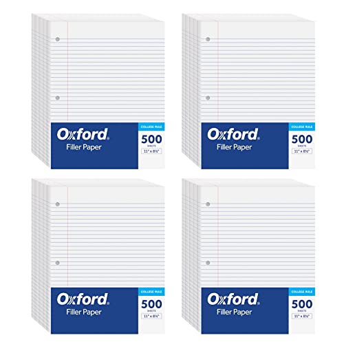 Oxford Filler Paper, 8-1/2" x 11", College Rule, 3-Hole Punched, 2,000 Sheets of Loose-Leaf Paper for 3 Ring Binders, 4 Packs of 500, White (62331)