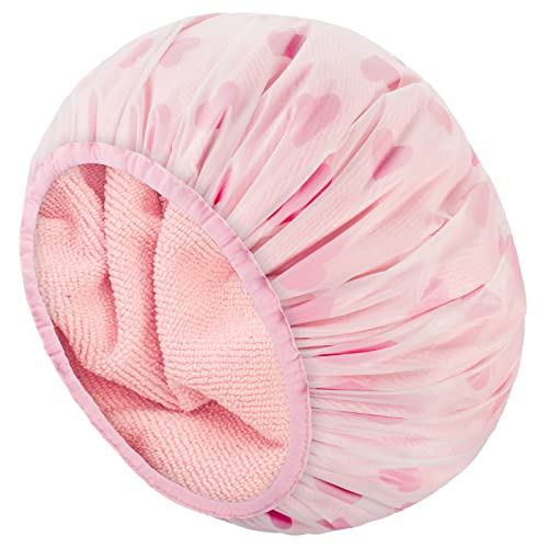 Auban Shower Cap, Shower Cap for Women Terry Cloth Lined EVA Exterior Reusable Double Layer Waterproof, Large Bath Hair Cap for All Hair Lengths, Hotel Travel Essentials Accessories Deep Conditioning Hair Care Cleaning Supplies(Pink)