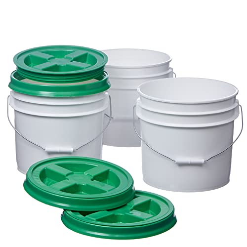Consolidated Plastics 3.5 Gallon White Food Grade Buckets + Green Gamma Seal Lids, BPA Free Container Storage, Durable HDPE Pails, Made in USA (3 Pack)