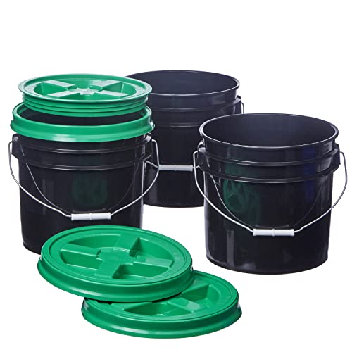 Consolidated Plastics 3.5 Gallon Black Food Grade Buckets + Green Gamma Seal Lids, BPA Free Container Storage, Durable HDPE Pails, Made in USA (3 Pack)