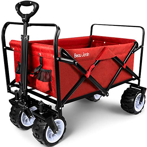 BEAU JARDIN Folding Beach Wagon Cart 300 Pound Capacity Collapsible Utility Camping Grocery Canvas Sturdy Portable Rolling Outdoor Garden Sport Heavy Duty Shopping Wide All Terrain Wheel Red BG378