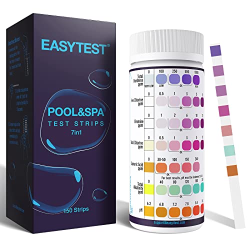 EASYTEST 7-Way Pool Test Strips, 150 Strips Water Chemical Testing for Hot tub and Spa, Accurate Test Bromine, Total Alkalinity, pH, Free Chlorine, Total Hardness, Cyanuric Acid, and Total Chlorine