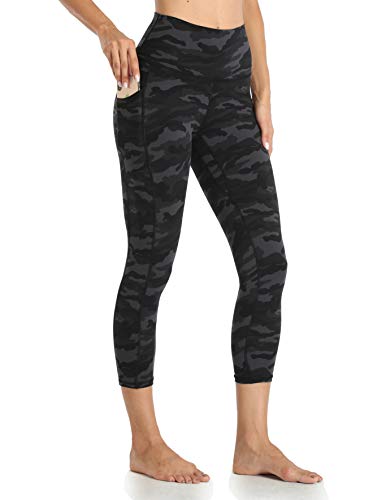 Colorfulkoala Women's High Waisted Yoga Capris 21" Inseam Leggings with Pockets (S, Deep Grey Camo)