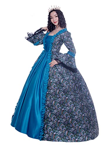 18th Century Women's Rococo Ball Gown Printing Long Gothic Victorian Dress (Medium, Blue)