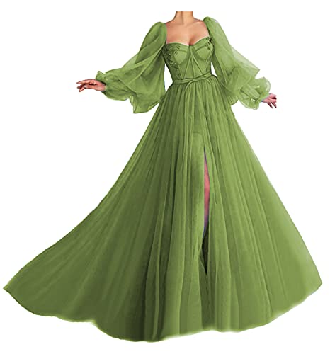 Puffy Sleeve Prom Dress Sweetheart Tulle Ball Gown Slit Formal Evening Gowns Princess Wedding Dresses Olive Green Size 18