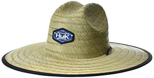 HUK mens Camo Patch Straw Hat|Wide Brim Fishing + Sun Protection Hat, Ocean Palm - Sargasso Sea, One Size US