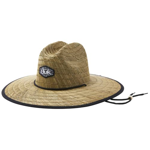HUK mens Camo Patch Straw Hat|Wide Brim Fishing Hat + Sun Protection, Ocean Palm - Volcanic Ash