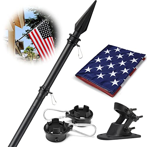 American Flag with Flag Poles for Outside House - Black Flag Pole Kit with 6-7ft Tangle Free Stainless Steel Flagpole,3x5 Embroidered US Flag,Holder Bracket,for Porch,Outdoor Sports,Truck,Car