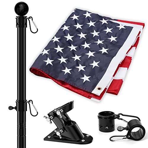 American Flag and Flag Pole for House Outside, 5ft Heavy Duty Flag Pole Kit with 3x5 Embroidered USA Flag, Tangle Free Steel Black Flag Pole with Bracket for Residential, Commercial, Outdoors Garden