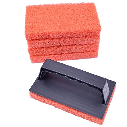 Griddle Cleaning Kit, Heavy Duty Grill Cleaning Pads for Blackstone Flat Top Griddle and Grill, Non- Scratch Scouring Pads for Pots, Stove, Pans, Cookware, Tub and More, Scour Pads (5 Pads + Handle)
