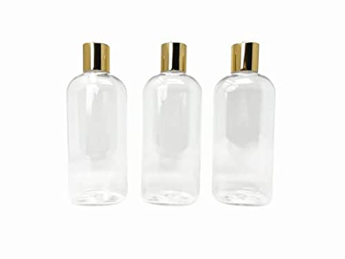 Plastic Bottles 8Oz / 250mL with Disk Top Gold Cap, Pack Of 3 bottles filling Shampoo Conditioner Lotion Oils. PET plastic, BPA free, reusable, Travel Toiletries disinfecting liquid cleaning supplies.