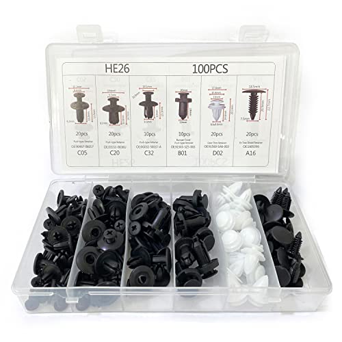 100 Pcs Bumper Clips Car Clips Plastic Rivets Fasteners Push Retainer Kit with Sizes Auto Push Pin Rivets Set with Fastener Remover.