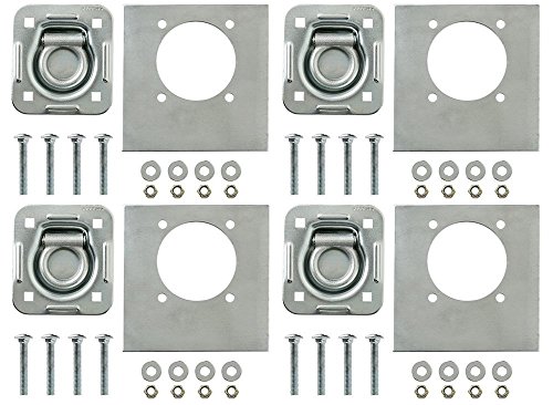 4-Pack - Recessed Pan D-Ring Trailer Tie Downs (6,000 Lb. Capacity) and Heavy Backer Plates, Including Mounting Hardware (Complete Set: 16 Carriage Bolts, Washers and Nylon Lock Nuts)