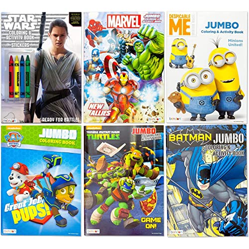 Kids Coloring & Activity Book Featuring Paw Patrol Marvel Avenger Thor Hulk Captain America Spiderman Ironman Ninja Turtles Batman Despicable Me Minions Star Wars | 6 Different Jumbo Books