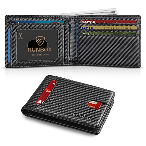 RUNBOX Bifold Slim Wallet for Men - Rfid Blocking Leather Front Pocket Men's Wallet with Gift Box Carbon Fiber Black