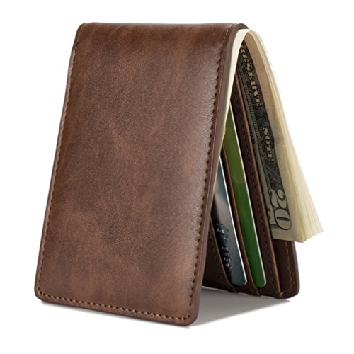 Mens Slim Front Pocket Wallet ID Window Card Case with RFID Blocking - Coffee
